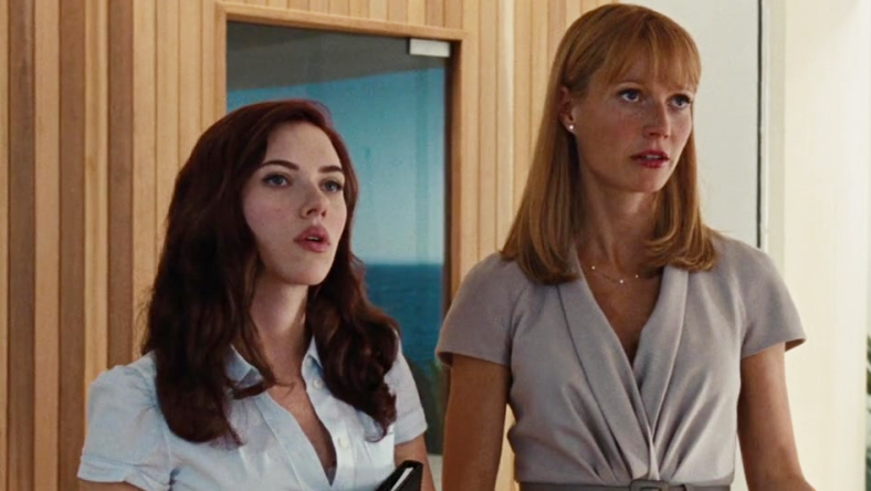 Pepper Potts (Gwenyth Paltrow) introduces Natasha Romanoff (Scarlet Johansson) to 'Team Iron Man' in Iron Man 2 (2010), Marvel Entertainment