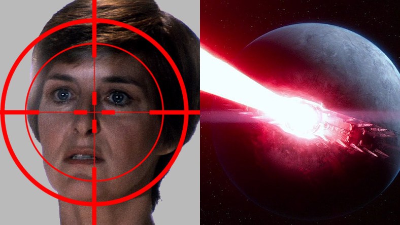 Split image of Mon Mothma and Starkiller Base from 'Star Wars,' Disney