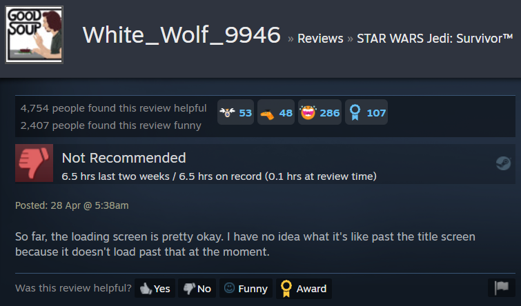 White_Wolf_9946 gives their review for Star Wars Jedi: Survivor via Steam