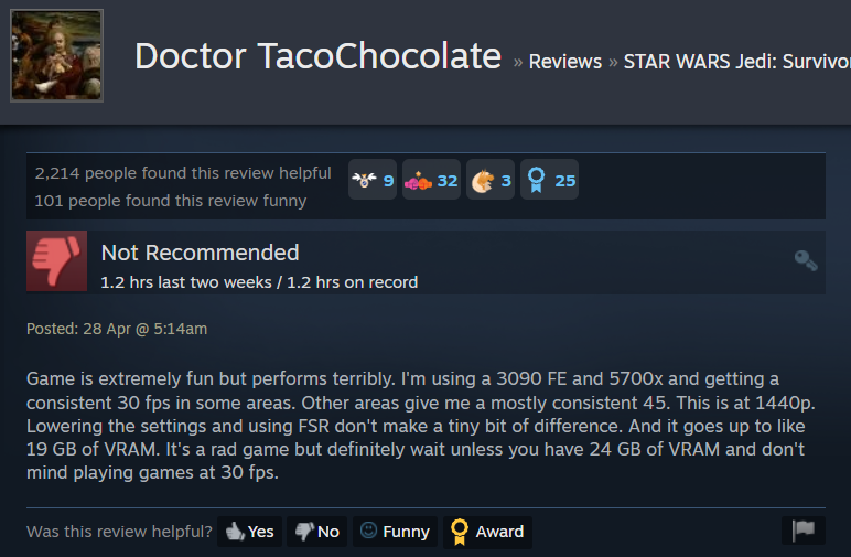 Doctor TacoChocolate gives their review for Star Wars Jedi: Survivor via Steam