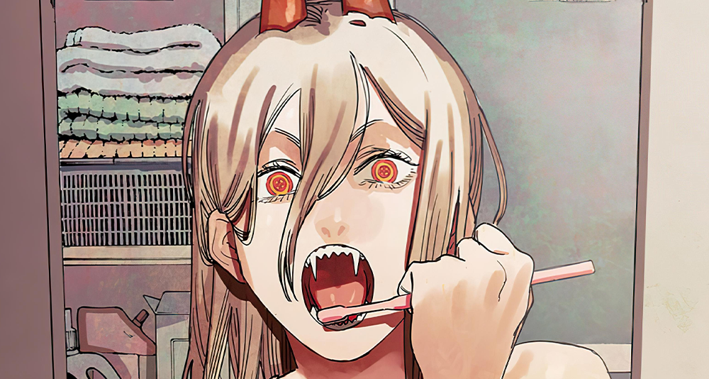 Power brushes her teeth on Tatsuki Fujimoto's cover to Chainsaw Man Ch. 29 "Perfect Score" (2019), Shueisha