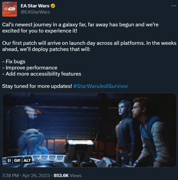 EA explains Star Wars Jedi: Survivor will have additional performance patches after launch via Twitter