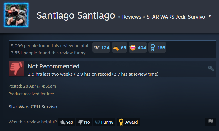 Santiago Santiago gives his review for Star Wars Jedi: Survivor via Steam