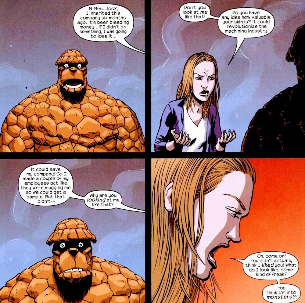 Ben Grimm has his heart broken in Marvel Adventures Fantastic Four Vol. 1 #17 "And Now For Some Thing Completely Different" (2006) Marvel Comics. Words by Zeb Wells, art by Kano, Álvaro López, Lee Loughridge, and Dave Sharpe.