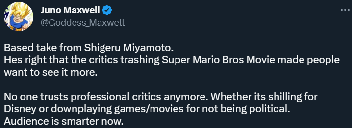 Goddess_Maxwell champions Miyamoto for saying critics rejection of The Super Mario Bros. Movie may have only helped it, and embarrassed critics via Twitter