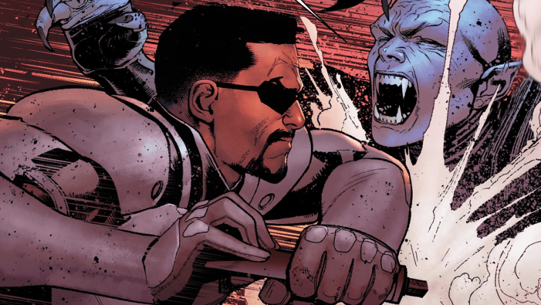 Blade drives a stake through a vampire in Avengers Vol. 8 #14 "The Fall of Castle Dracula" (2019), Marvel Comics. Art by David Marquez and Matthew Wilson.