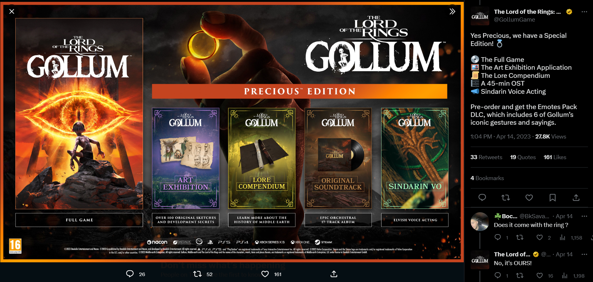 The Lord of the Rings: Gollum official Twitter account promotes the Precious Edition via Twitter