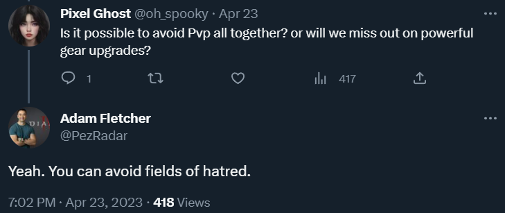 Adam Fletcher reassures oh_spooky that Diabo IV's PvP is only in the Fields of Hatred via Twitter