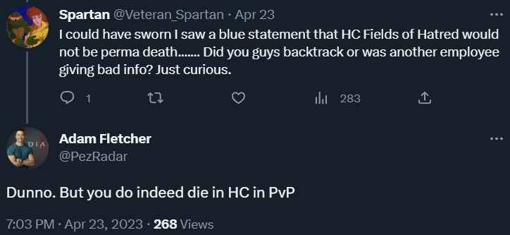 Adam Fletcher insists to Veteran_Spartan that Diablo IV does have permadeath in Hardcore mode PvP areas via Twitter