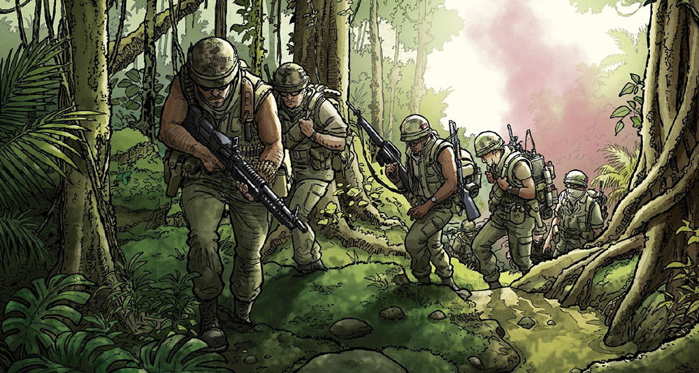 A group of soldiers trekking through the Vietnam jungle in 'Latah' (2023), Europe Comics