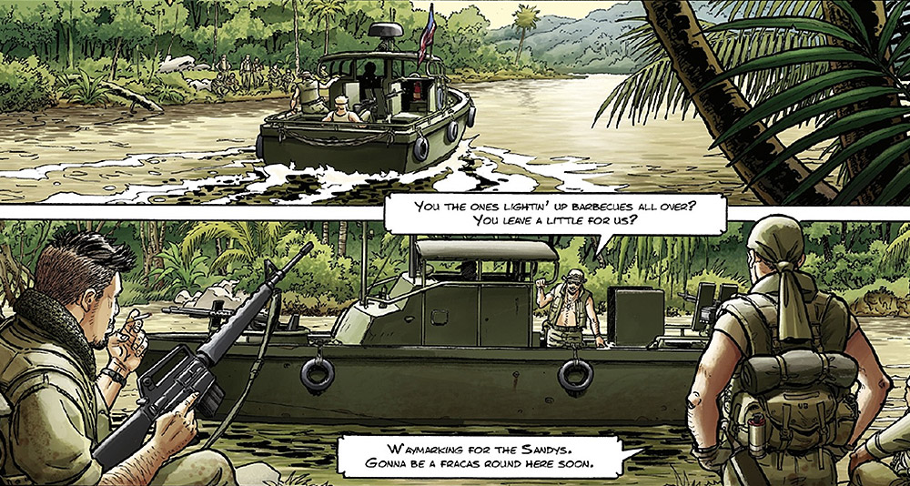 Soldiers meet up with a boat patrol in 'Latah' (2023), Europe Comics