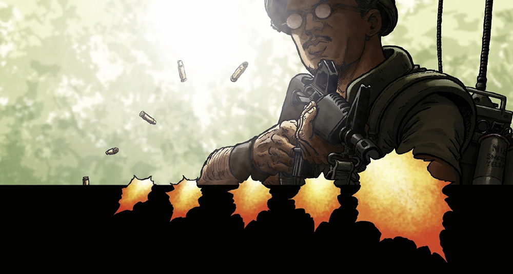 Darnell firing a machine gun in 'Latah' (2023), Europe Comics