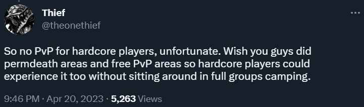 theonethief hates Diablo IV having permadeath in hardcore mode's PVP via Twitter