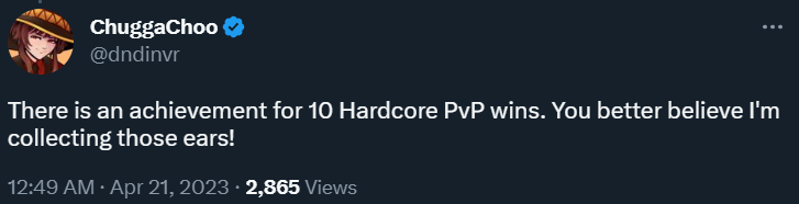 ChuggaChoo is delighted at the aspect of earning achievements for killing players in Diablo IV's hardcore mode PvP via Twitter