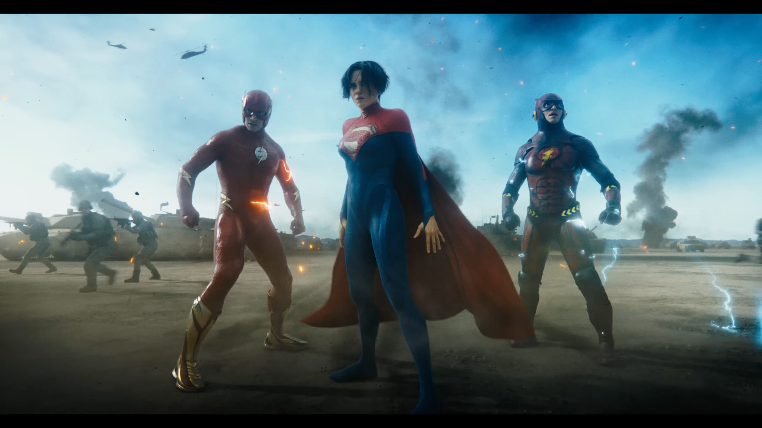Barry Allen (Ezra Miller), Supergirl (Sasha Calle), and Barry Allen (Ezra Miller) prepare to take on Zod (Michael Shannon) in The Flash (2023), Warner Bros. Discovery