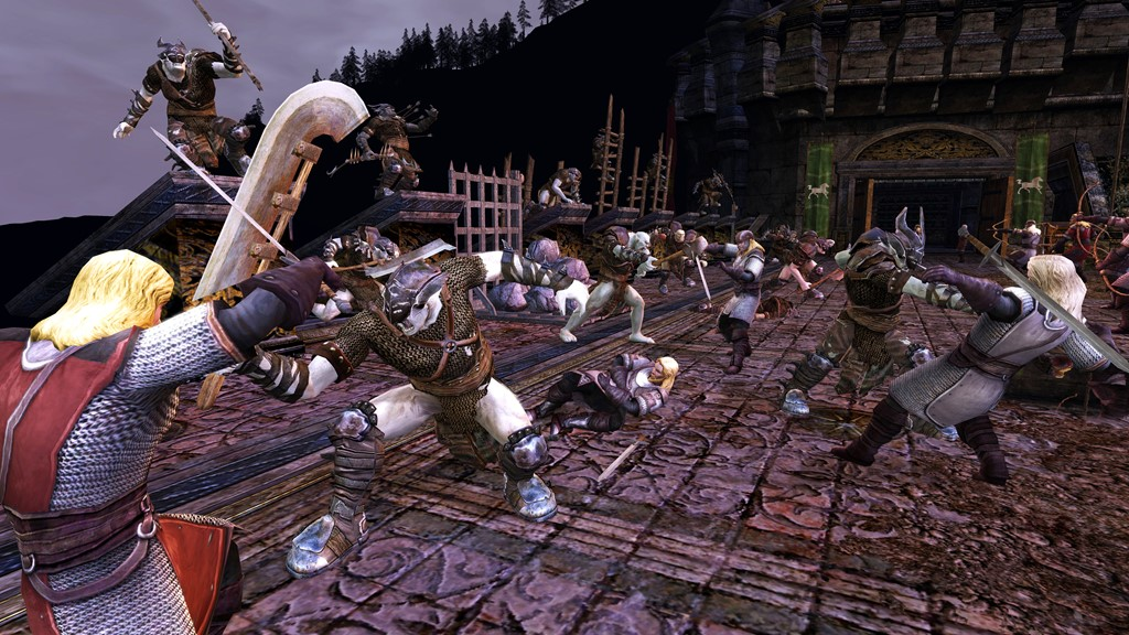 Humans fight off Orcs on a castle's walls in The Lord of the Rings Online: Helm's Deep (2013), Daybreak Game Company
