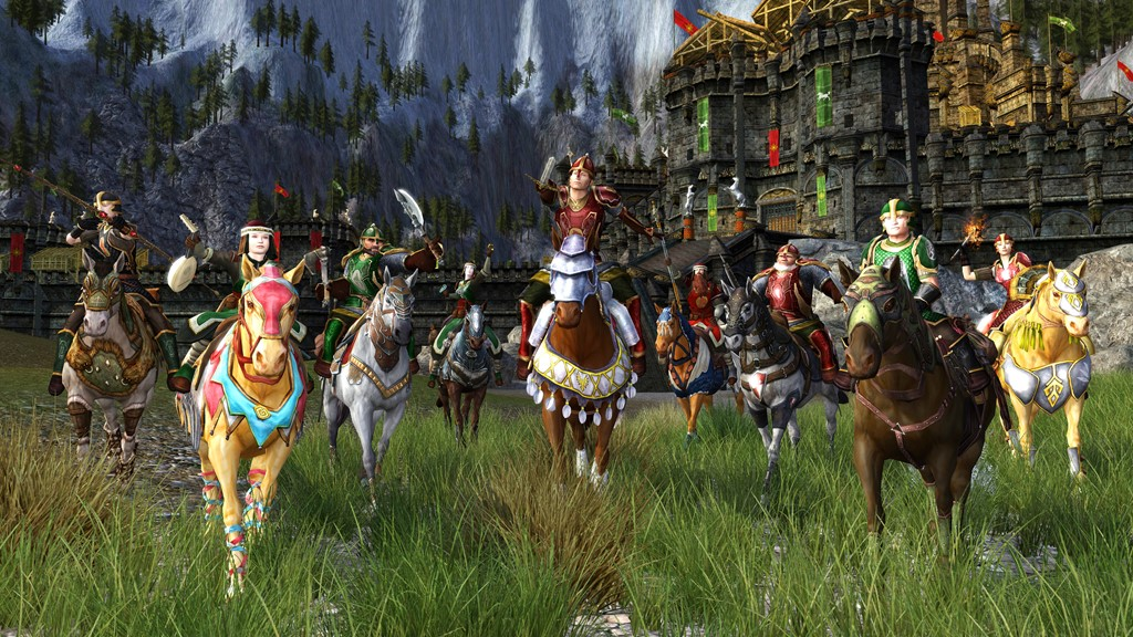 A variety of player classes sit on horseback outside a castle in The Lord of the Rings Online: Helm's Deep (2013), Daybreak Game Company