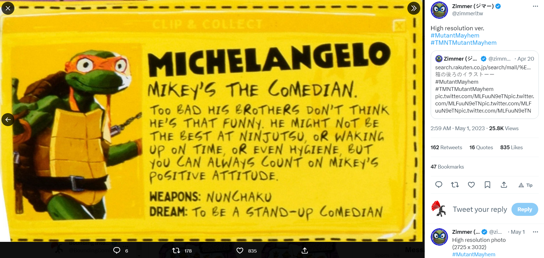 Descrição de Michelangelo para Teenage Mutant Ninja Turtles: Mutant Madness via Zimmer Twitter