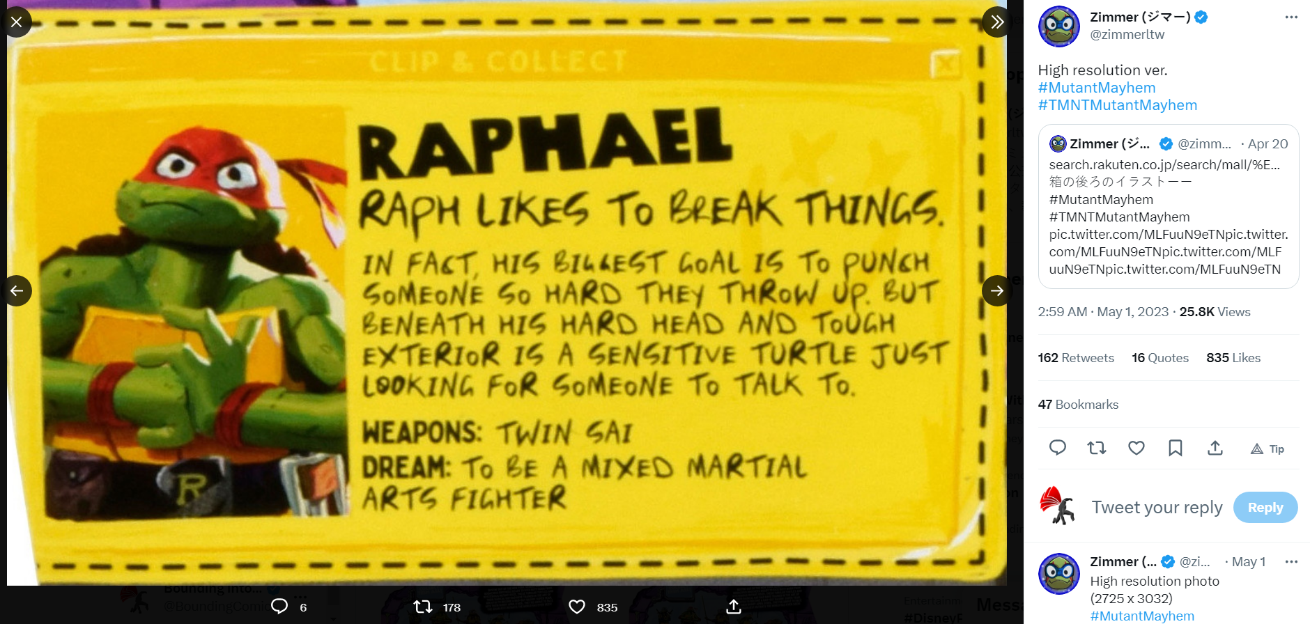 Descrição de Raphael para Teenage Mutant Ninja Turtles: Mutant Madness via Zimmer Twitter