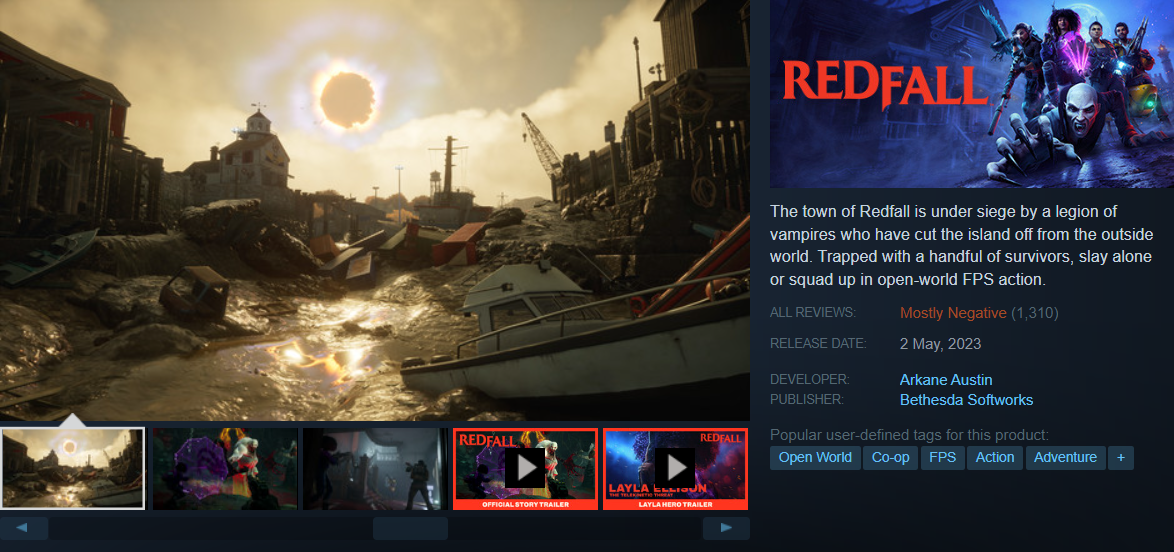 Redfall reaches "Mostly Negative" user reviews via Steam