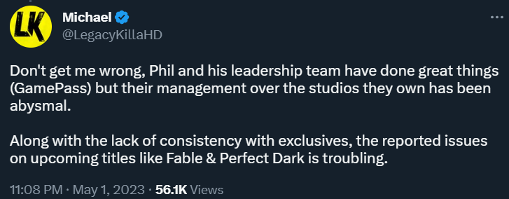 LeagacyKillaHD lists his various issues with Phil Spencer's leadership via Twitter