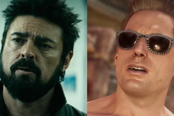 Butcher (Karl Urban) has some news for Hughie (Jack Quaid) in The Boys Season 3 Episode 8 “The Instant White-Hot Wild” (2022), Amazon Studios / Johnny Cage (Andrew Bowen) takes a call from his agent in Mortal Kombat 11 (2019), NetherRealm Studios