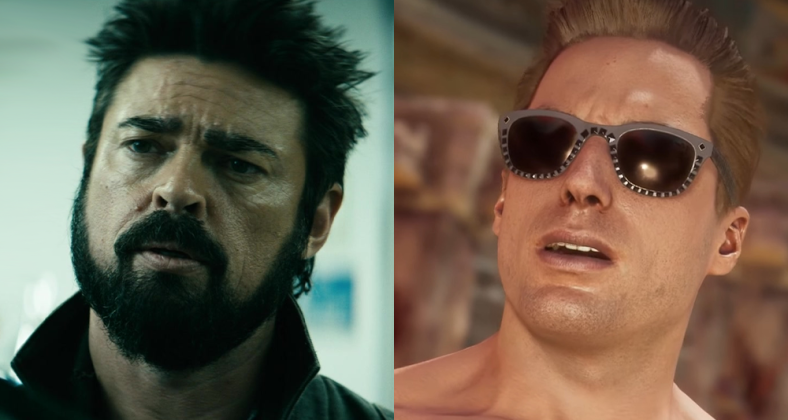 Butcher (Karl Urban) has some news for Hughie (Jack Quaid) in The Boys Season 3 Episode 8 “The Instant White-Hot Wild” (2022), Amazon Studios / Johnny Cage (Andrew Bowen) takes a call from his agent in Mortal Kombat 11 (2019), NetherRealm Studios