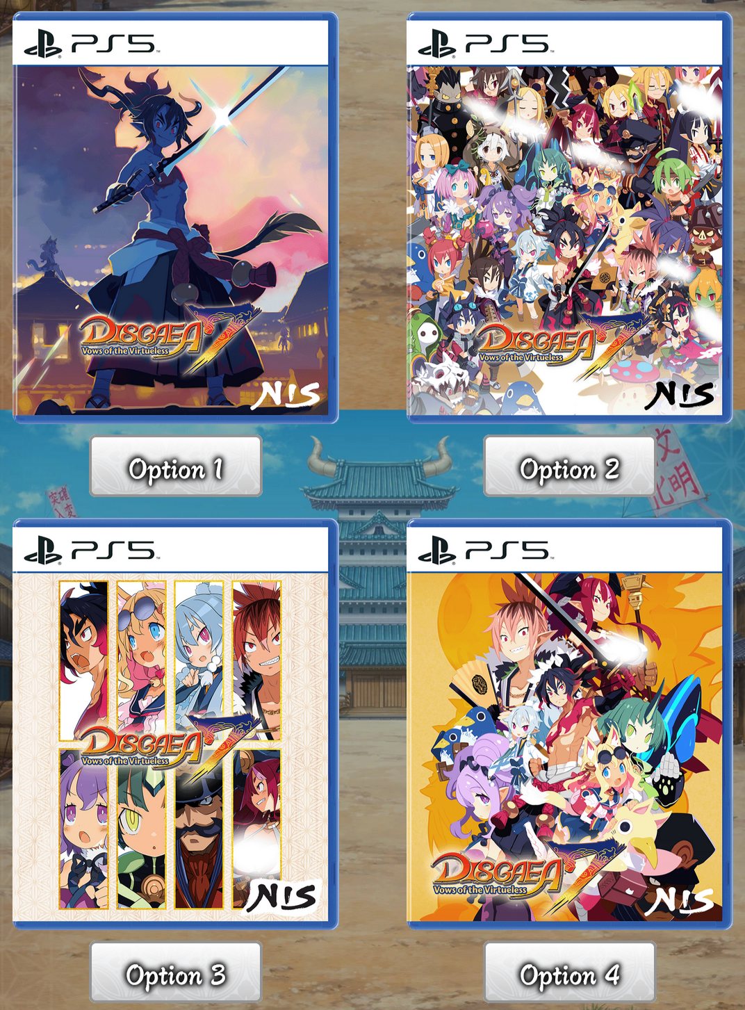 The available voting options in NIS America's 'Disgaea 7: The Vows of the Virtueless' reversible cover contest 