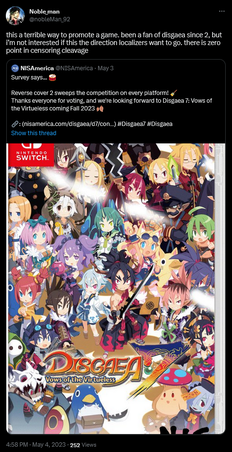 @nobleMan_92 speaks out against censorship in response to NIS America's reversible cover contest for Disgaea 7: The Vows of the Virtueless