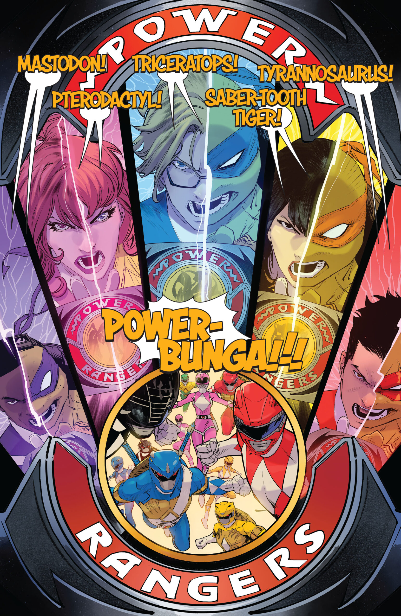 The two titular teams transform in Mighty Morphin Power Rangers/Teenage Mutant Ninja Turtles II Vol. 1 #3 (2023), BOOM! Studios/IDW Publishing. Words by Ryan Parrott, art by Dan Mora, Raul Angulo, and Ed Dukeshire.