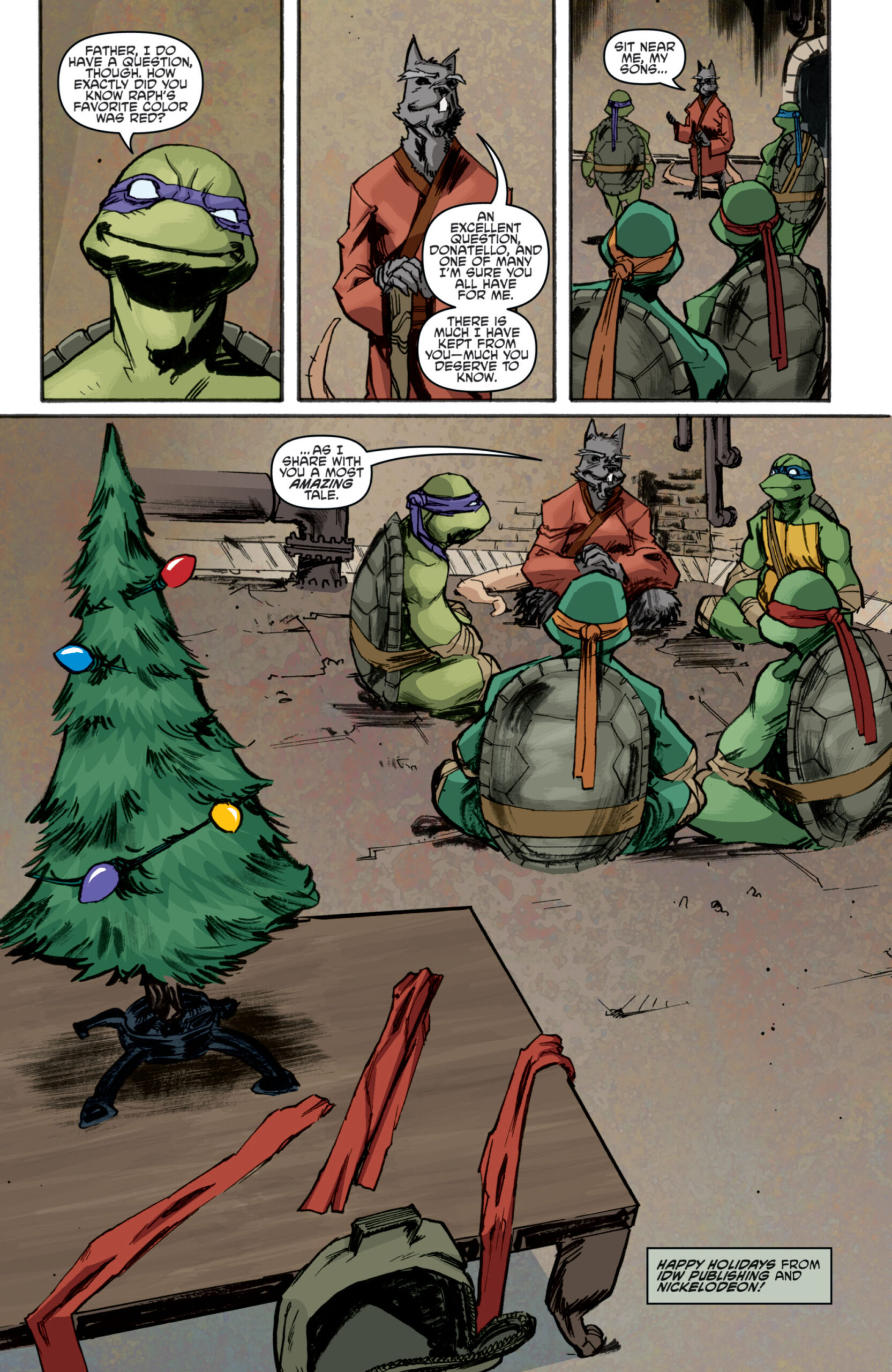 Splinter recalls his family's history to his sons in Teenage Mutant Ninja Turtles Vol. 1 #5 "Enemies Old, Enemies New: Prologue" (2011), IDW. Words by Kevin Eastman and Tom Waltz, art by Dan Duncan, Mateus Santolouco, Ronda Pattison, and Shawn Lee.