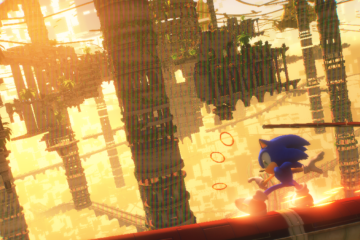 Sonic grinds through a cyberspace version of Sky Sanctuary Zone at sunset via Sonic Frontiers (2022), Sega