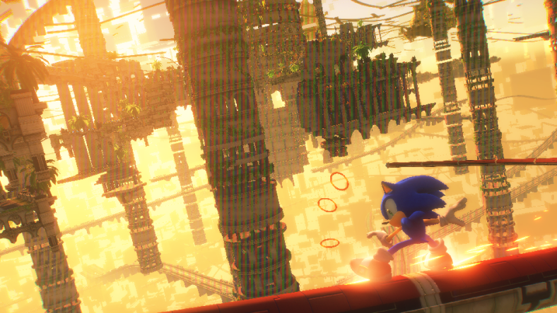 Sonic grinds through a cyberspace version of Sky Sanctuary Zone at sunset via Sonic Frontiers (2022), Sega