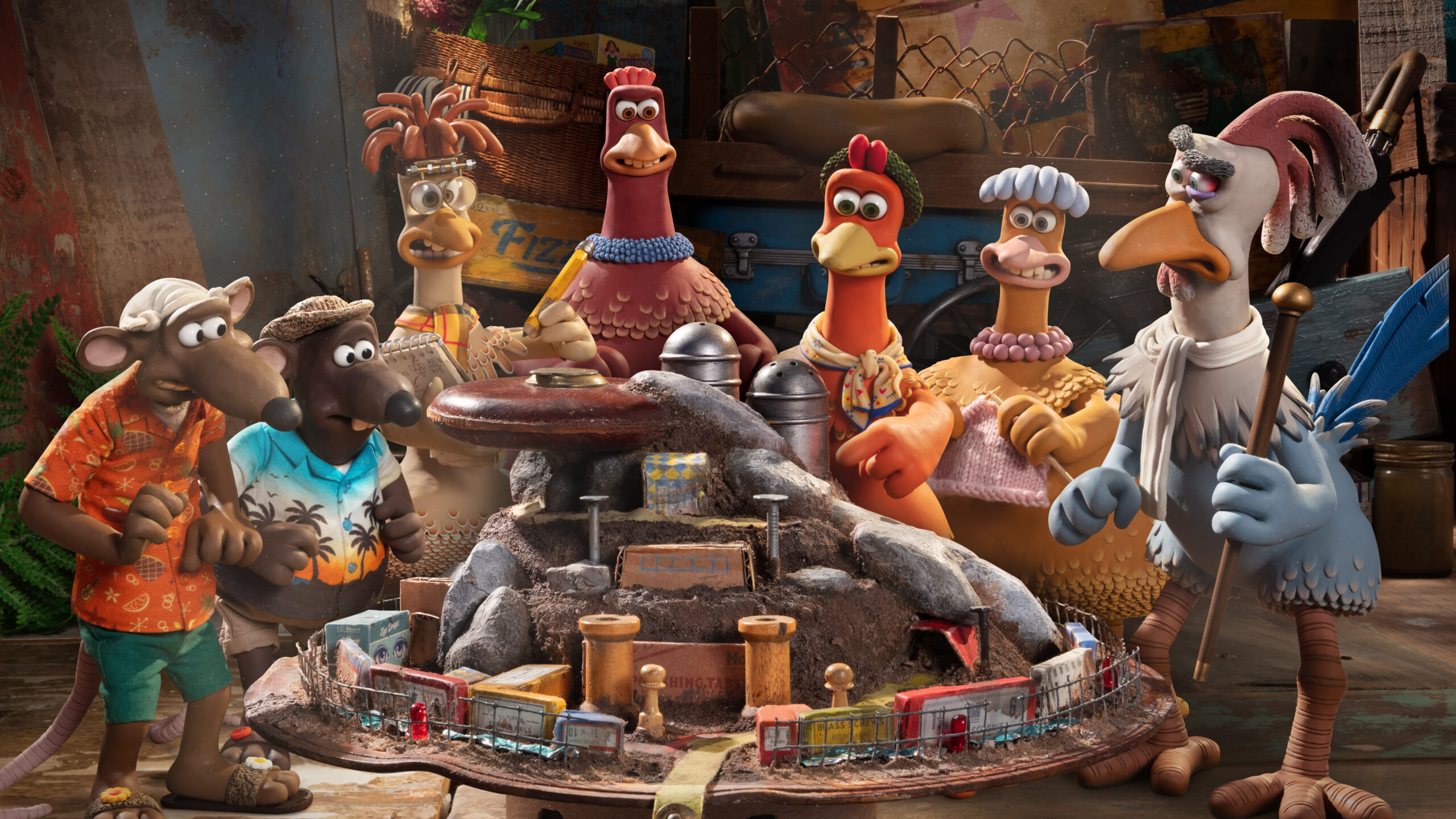 CHICKEN RUN: DAWN OF THE NUGGET - (L to R): Fetcher (Daniel Mays), Nick (Romesh Ranganathan), Mac (Lynn Ferguson), Bunty (Imelda Staunton), Ginger (Thandiwe Newton), Babs (Jane Horrocks) and Fowler (David Bradley). The world's greatest hens-emble are back and hatching a plan in Chicken Run: Dawn of the Nugget - the eagerly anticipated sequel to Aardman's hit film Chicken Run. Chicken Run: Dawn of the Nugget will make its debut later this year, only on Netflix.CHICKEN RUN: DAWN OF THE NUGGET will make its debut only on Netflix in 2023. Cr: Aardman/NETFLIX © 2023