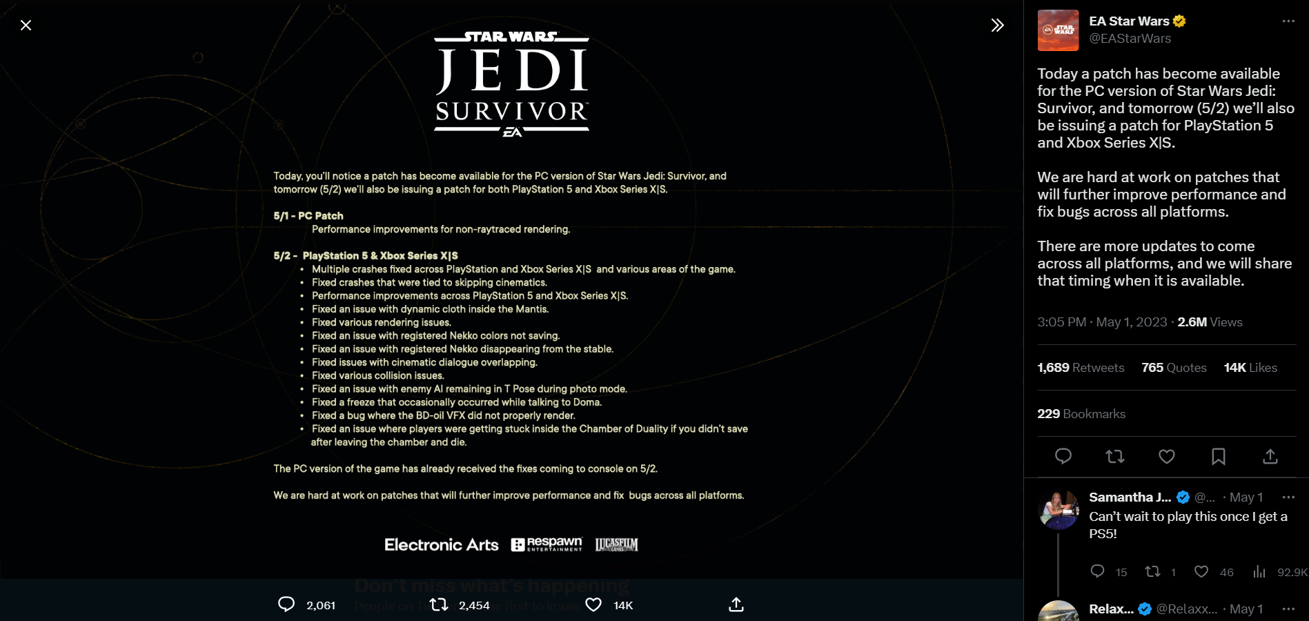 EA addresses a recent patch for Star Wars Jedi: Survivor and insists more are coming via Twitter