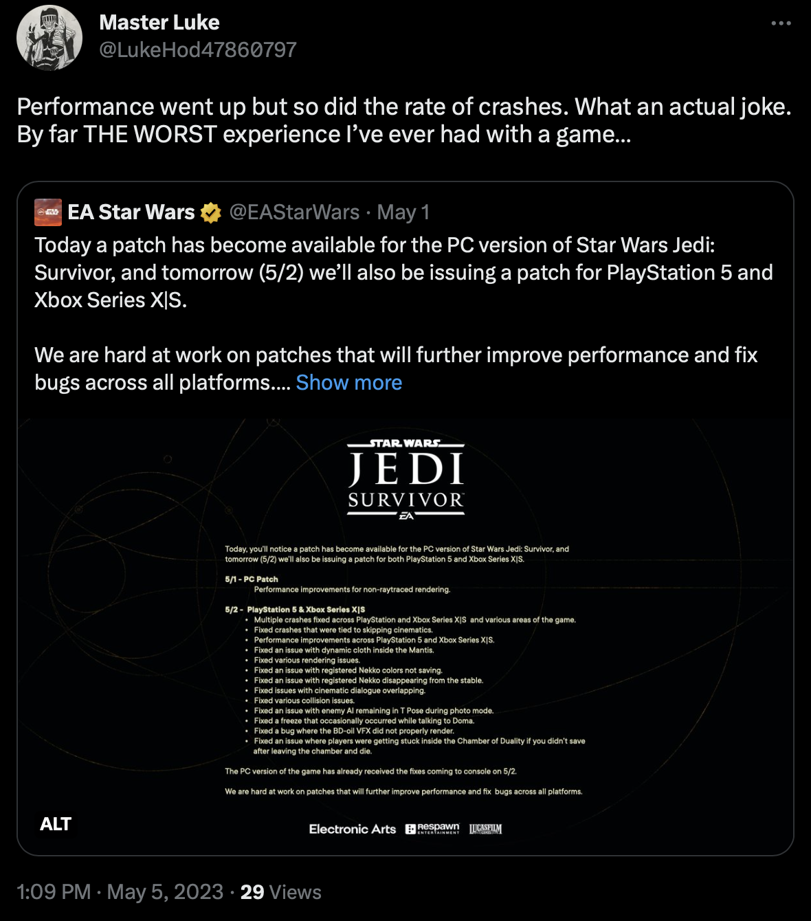 LukeHod47860797 mocks that the recent Star Wars Jedi: Survivor patch has made the game worse via Twitter