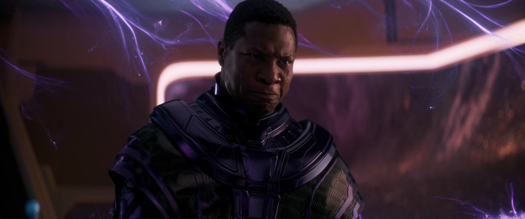 Kang the Conqueror (Jonathan Majors) refuses to let Scott Lang (Paul Rudd) escape with his life in Ant-Man and the Wasp: Quantumania (2023), Marvel Entertainment