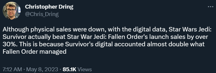 Christopher Dring emphasizes that Star Wars Jedi: Fallen Order digital launch sales were greater than its predecessor via Twitter