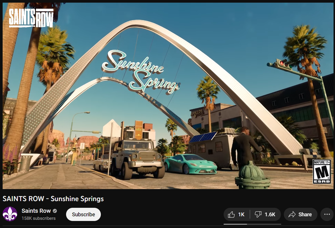 The trailer for Saints Row - Sunshine Springs has more dislikes than likes via Saints Row, YouTube