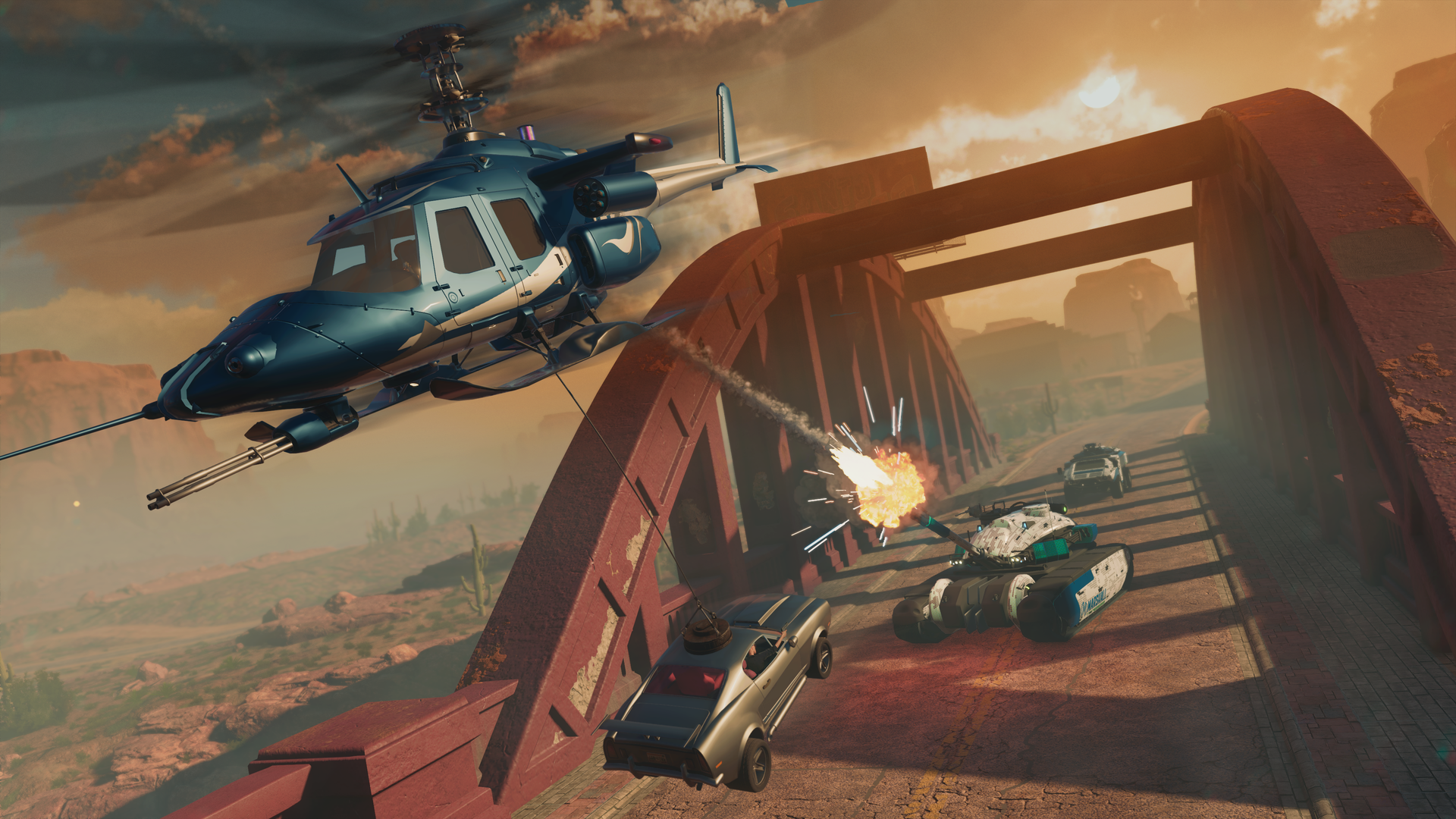 An attack helicopter carries a car on a tether while a tank shoots at it via Saint Row (2022), Deep Silver