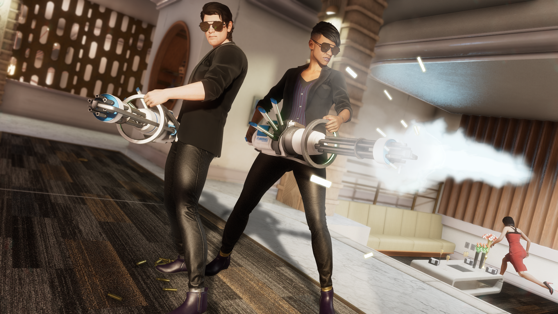 The Boss and another saint shoot up an expensive looking room with Marshall miniguns via Saint Row (2022), Deep Silver