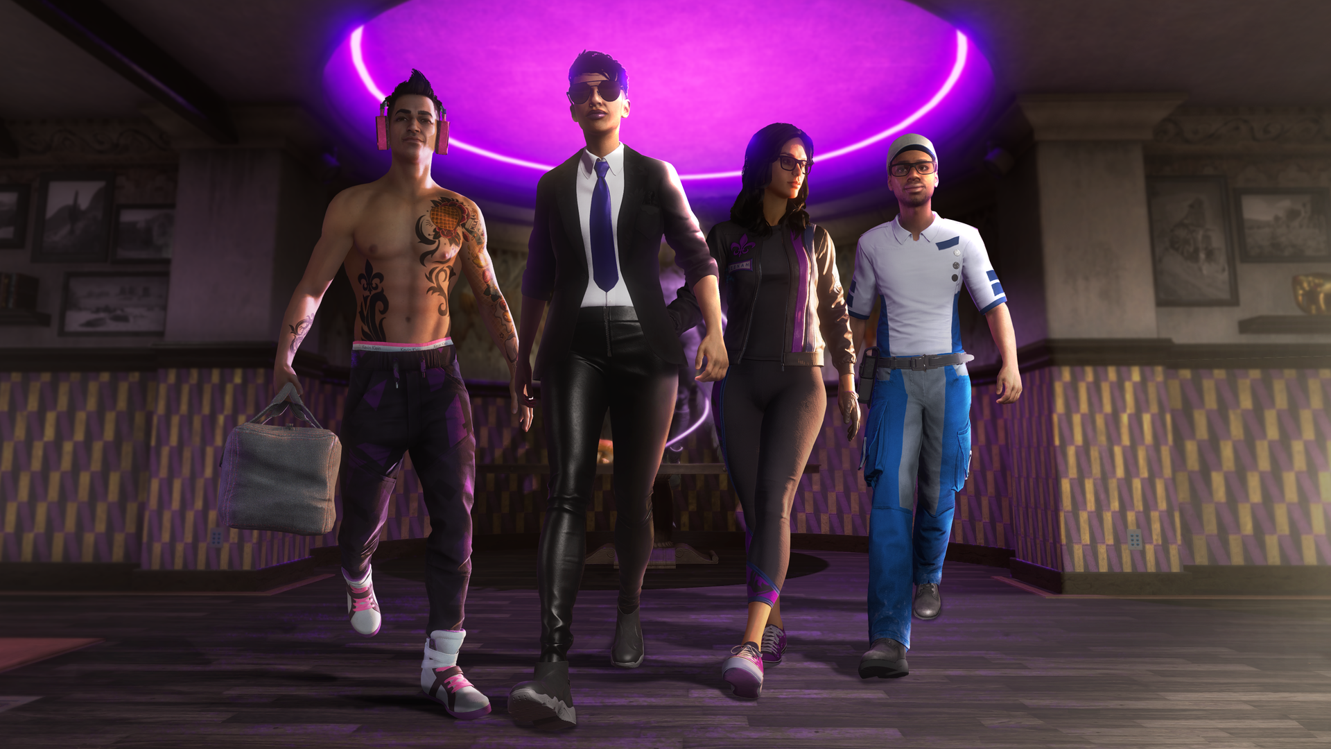 Kevin (Greg Chun), The Boss, Neenah (Jeannie Tirado), and Eli (Eugene Byrd) strut towards their heist via Saint Row (2022), Deep Silver