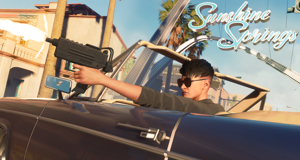 The Boss shoots an uzi while driving their car by the Sunshine Springs archway via Saint Row (2022), Deep Silver