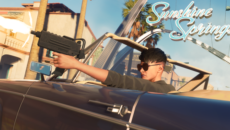 The Boss shoots an uzi while driving their car by the Sunshine Springs archway via Saint Row (2022), Deep Silver