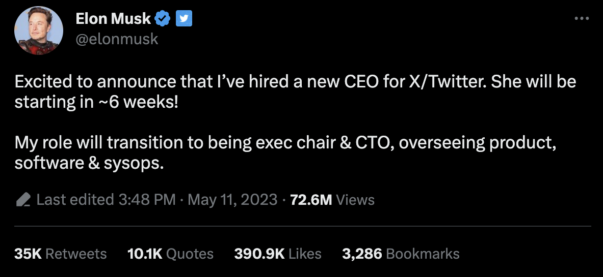 Elon Musk anuncia que está deixando o cargo de CEO do Twitter via Twitter