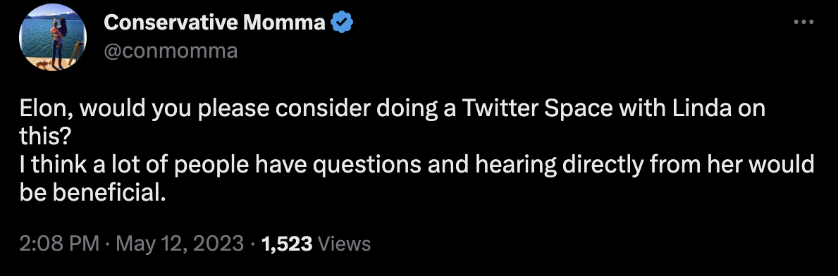 @conmomma questiona a decisão de Elon Musk de contratar Linda Yaccarino via Twitter