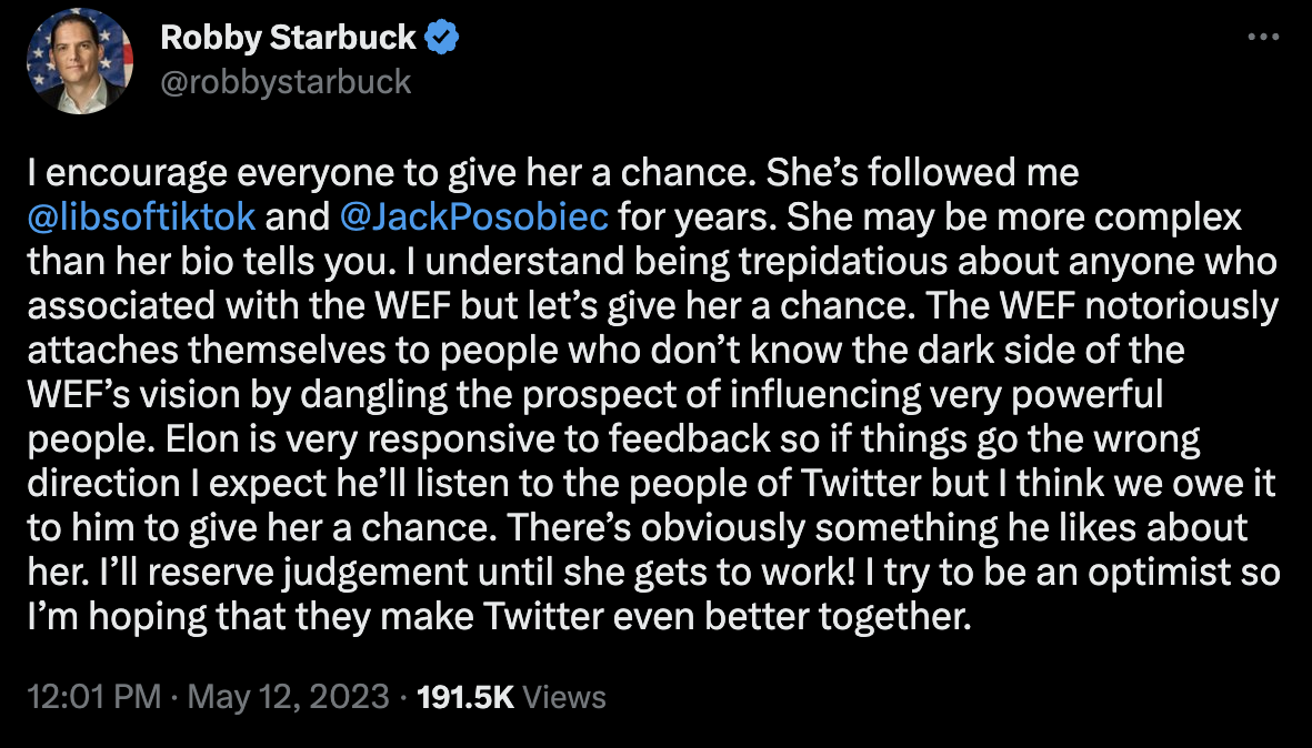 Robby Starbuck avalia a decisão de Elon Musk de contratar Linda Yaccarino via Twitter