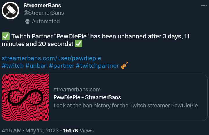 StreamerBans reports that PewDiePie had his Twitch ban lifted via Twitter