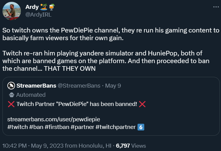 ArdyIRL theorizes a clip of a banned game is what got PewDiePie banned on Twitch via Twitter