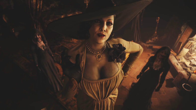 Lady Dimitrescu (Maggie Robertson) taunts a newly-captured Ethan (Todd Soley) in Resident Evil Village (2021), Capcom